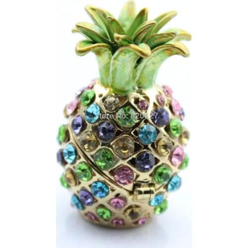 Pack of 2) Gorgeous Miniature Pineapple Jeweled Trinket Box Jewelry Box with Crystal Stones, Pill Box Figurine