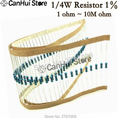 100pcs 1/4W 1R~22M 1% Metal film resistor 100R 220R 1K 1.5K 2.2K 4.7K 10K 22K 47K 100K 100 220 1K5 2K2 4K7 10M ohm resistance