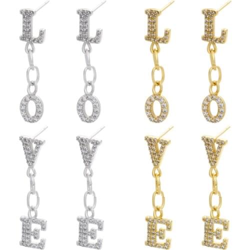 Micro-inlaid Cubic Zircom Charm Ladies Stud Earrings Love Letter Word Asymmetric Long Jewelry Fashion Earrings Material Copper