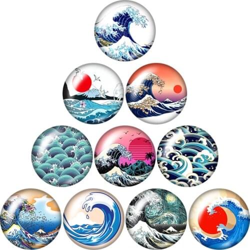 The sea wave surge Sunset scenery 10pcs mixed 12mm/16mm/18mm/25mm Round photo glass cabochondemoflat back Making findings