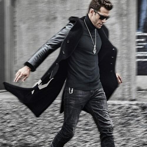 Fashion Mens Leather Windbreaker Long Sheep Shearing Wool Coat Hooded Fur Mens Double-sided Wear Sheepskin Leather Jacket Men