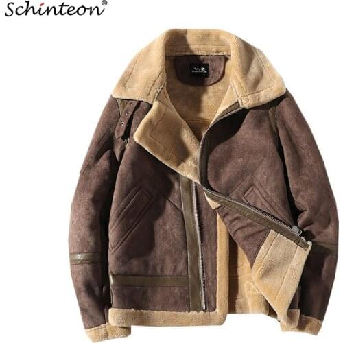 Schinteon New Men Jacket winter Warm Outwear Suede Leather Faux Lamb Wool Fur Coat Drop Shipping M-5XL