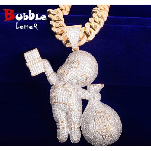Boy Hand Carrying Dollar Bag Hip Hop Pendant With 14mm Cuban Chain Mens Rock Necklace Charm Street Jewelry