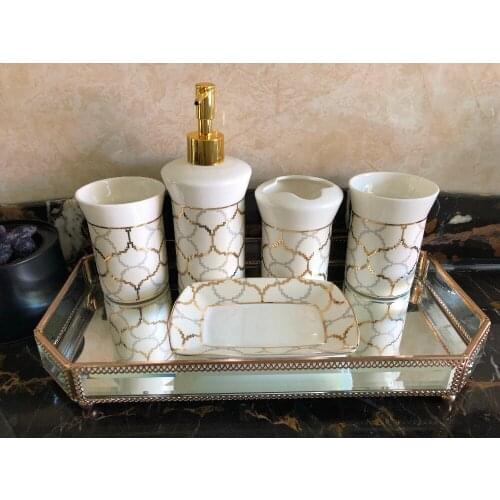 EU Style Mosaic Pattern Bathroom Five-piece Set White Ceramic Toiletry Kit Rinsing Mug+Lotion Bottle+Toothbrush Holder+Soap Dish