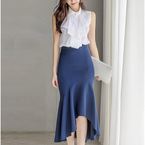 New Summer 2 Pieces Set Women Sleeveless Ruffle Shirts Blouses And High Waist Bodycon Mermaid Skirts Office Lady Suit