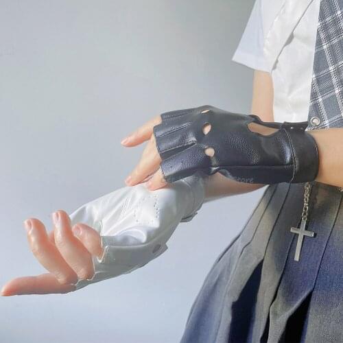 Fashion Streetwear Women Punk Goth Lolita Gloves Fingerless Gloves Anime Pu Leather Kawaii Heart Black White Pink Gloves