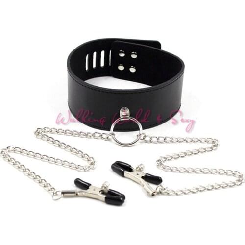 Adult Game Adjustable Bondage Collar + Nipple Clamps Fetish Restraint Neck Collar Erotic Sex Collar Sex Products For Couple