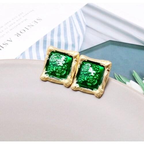 Green Enamel Square Alloy Sweet Flower Earring