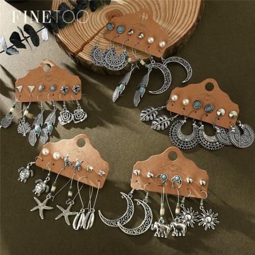 Boho Vintage Mixed Retro Antique Sun Moon Geometric Earrings Set Feather Elephant Turtle Starfish Shell Drop Dangle Earrings