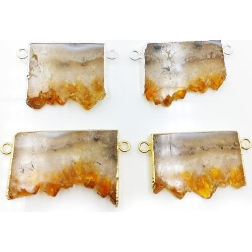 Natural Raw citrines Connector Rectangle Gold Electroplated Pendant Double yellow Slice Gems connector for DIY Necklace making