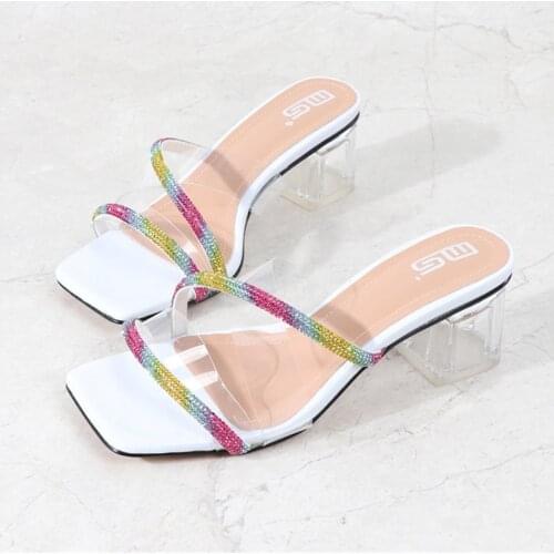 Summer Women Shoes PVC Rainbow Strappy Sandals Women Slipper Comfortable Casual Shoes Female Slides Clear Crystal Square Heel