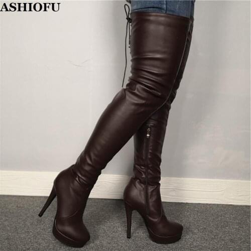 ASHIOFU Hot Sale Womens High Heel Boots Shoelace Real Photos Sexy Party Over Knee Boots Platform Club Evening Fashion Boots