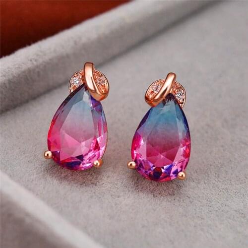 Rainbow Gradient Water Drop Zircon Stud Earrings For Women White Gold/Rose Gold Multicolor Crystal Earring Female Mystic Jewelry