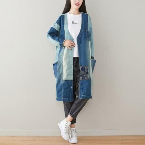 Women Patchwork Denim Trench Coat Outerwear Ladies Single Breasted Spliced Overcoat Female 2019 Vintage washed Long Coat