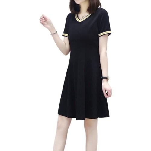 Womens Black V-neck Short Sleeve Dress Slim Waist Swing Dress Hepburn Cool V-Neck Breathable Small Black Dress