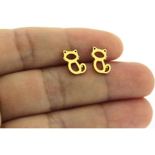 1Pair Hollow Cat Earrings Stainless Steel Earring Golden Sitting Cats Ear Studs Women Kids Girls Jewelry Xmas Gift