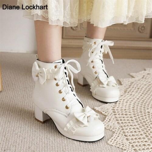 Lolita Girls Winter Boots Pink Women Bowtie Butterfly-Knot Lovely Ladies JK-Uniform Japanese Cosplay Party Wedding Shoes White