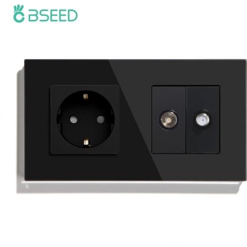 BSEED EU Standard Wall Socket With TV Satellite Socket Crystal Glass Panel White Black Golden EU Standard 157mm