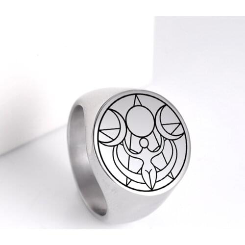 COOLTIME Retro Goddess Rings for Men Viking Pentagram Moon Wicca Witch Jewelry Magic Amulet Protection Jewelry Stainless Steel