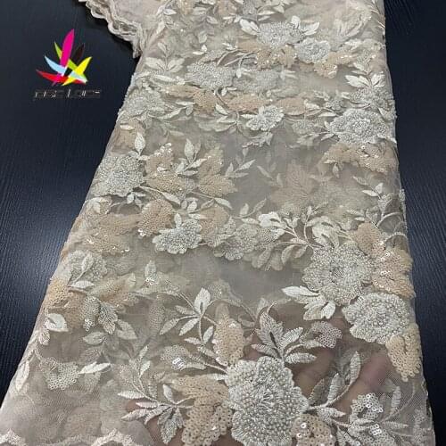 Luxury Beads Lace Handmade Fabric French Wedding Dress Latest Nigeria Cotton Embroidery White Good Price With Stones New