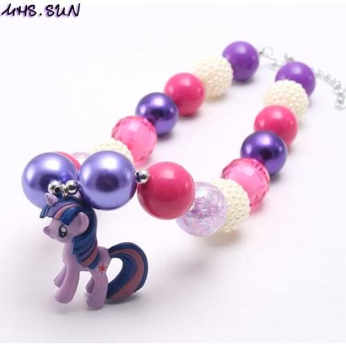 MHS.SUN Cute design girls kids chunky beads necklace with purple cartoon horse pendants children acrylic bubblegum necklace 1Pc