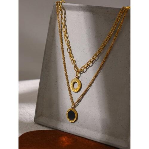 Yhpup Fashion Double Sided Black White Shell Pendant Necklace Stainless Steel Roman Numeral Layered Choker Necklace Gift 2021