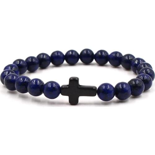 Trendy 8mm Navy blue Stone Beads Bracelet 9 colors Cross Bracelets for Women and Men Charm Jewelry Noble Pulseras Handmade Gifts
