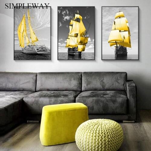 Golden Sailboat Wall Poster Abstract Canvas Art Print Painting Modern Decorative Picture Contemporary Living Room Decoration