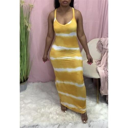 Summer New Style Ladies Striped Thin Shoulder Strap Long Dress Sleeveless Sling Garden Collar Printing Casual Loose Dress