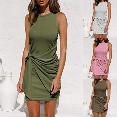 Casual Womens Sleeveless Pleated Bow Tie Belt Irregular Solid Color Dress 2021 Slim Sexy Retro Mini Dress Black Dresses Female