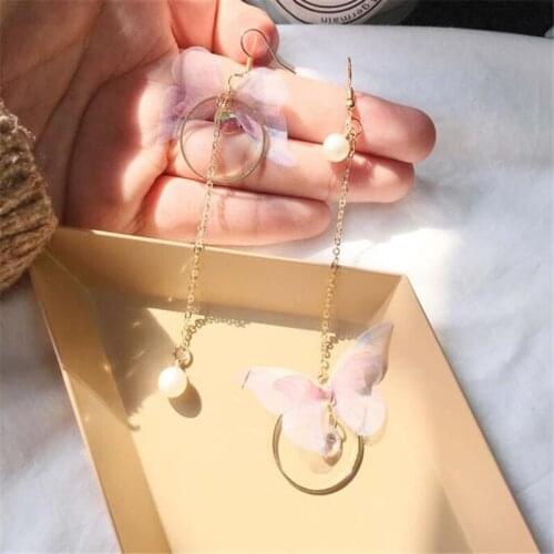 Korean Retro Asymmetric Butterfly Imitation Pearl Earrings Fashion Brincos Long Statement Earrings Jewelry