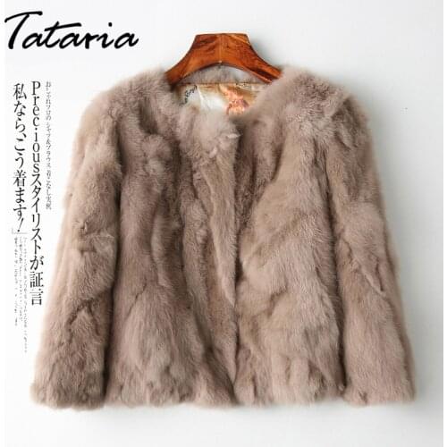 Tataria Real Rabbit Fur Jacket for Women Long Sleeve Plus Size Overcoat Womens Short Real Rabbit Coat Female Warm Plush Coats