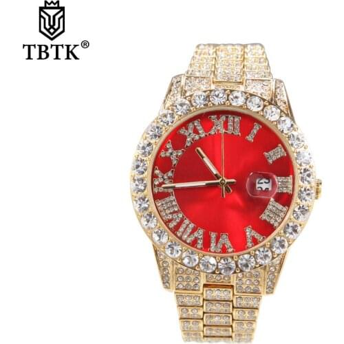 TBTK Mens Watches Iced Out Waterproof Red Stainless Steel Watch Men Top Brand Luxury Analog Date Quartz Watch Charm Jewelry