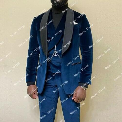 Navy Blue Velet Black Peaked Lapel Slim Fit Jacket Custom Made Groom Wear Mens Suits Business Blazers 3 Pieces Coat+Vest+Pants