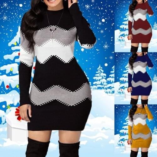 Round Neck Long-sleeved Knitted Bag Hip Bottoming Dress Slim New Fashion Long Knitted Multicolor Sweater Mid-length Short Skirt
