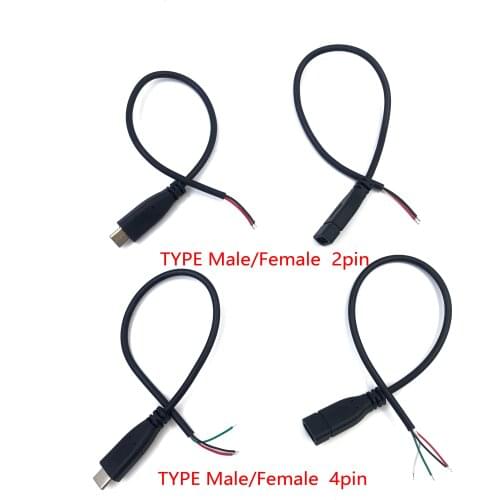 High quality 20cm Black Type-c Usb FeMale male Plug 2 4 wire Power Cable Cord stripped Maximum current 3A for Raspberry pie DIY