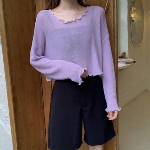 Womens Long-sleeved Knitted Sun Protection Shirt Pullover Blouse Thin Purple Top