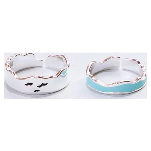 Sole Memory Ends Earth Seagull Enamel Craft Sky Blue Wave 925 Sterling Silver Female Resizable Opening Couple Rings SRI576