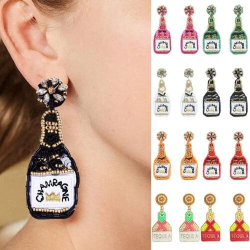 Champagne Bottle Drop Dangle Earrings Handmade Beaded Ear Stud for Women Ethnic Beaded Wine Bottle Earring Gift