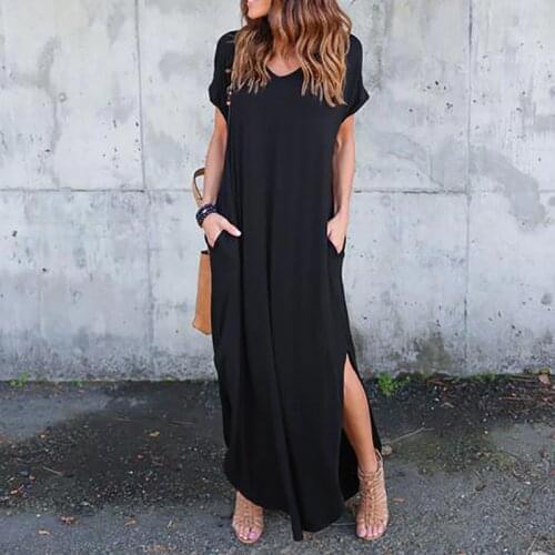 Women Casual Loose Pocket Long Dress Vintage V-neck Summer Short Sleeve Long Dresses Solid Femme T Shirt Maxi Dress