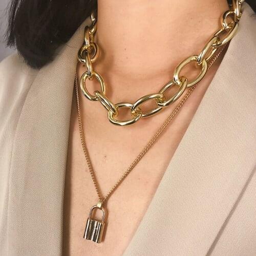Punk Exaggerated Metal Heavy Thick Chain Choker Lock Pendant Necklace for Women Vintage Long Necklace Fashion Jewelry XR2063