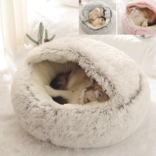 2-in-1 Donut Cuddler Cat Bed, Round Hooded Dog Bed, Winter Self-Warming Cave Bed Pad for Small Dog and Cats, Non Slip Bottom Mat
