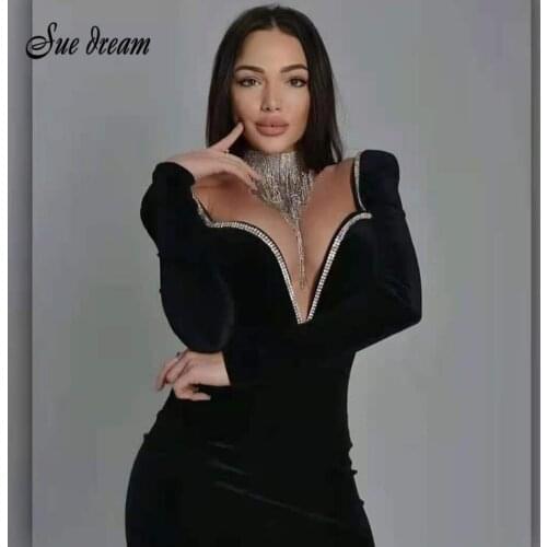 2021 Summer Summer New Womens Sexy Deep V Neck Long Sleeve Bodycon Mini Dress Elegant Black Diamond Club Party Dress Vestido