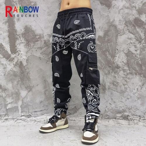 Rainbowtouches Men Paisley Printing High Street Bandana Pattern Casual Multiple Pockets Slim Fit Cargo Pants Aesthetic Pants
