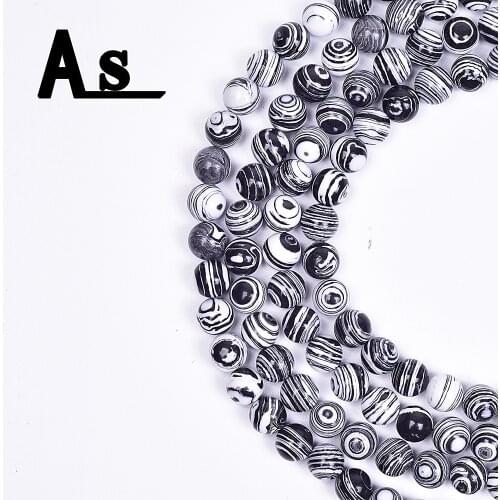 Asingeloo White and Black Malachite Peacock Natural Stone Round Loose Beads For Jewelry Making Ornament Accessories Wholesale