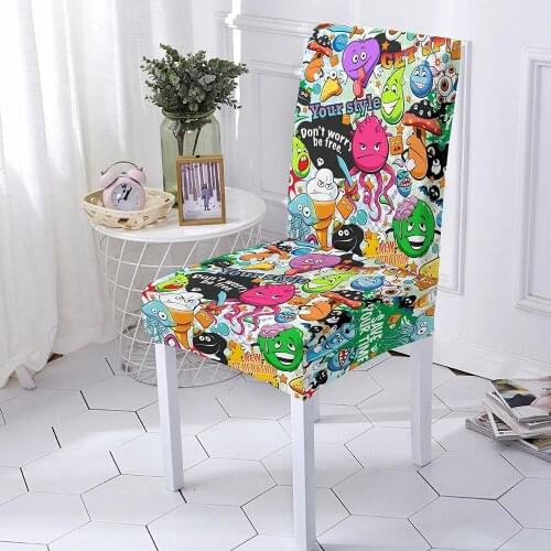 Cartoon Graffiti Chair Cover Elastic Spandex Chair Covers For Dining Room/Kitchen Stretch Chair Cover With Back 1/2/4/6PCS