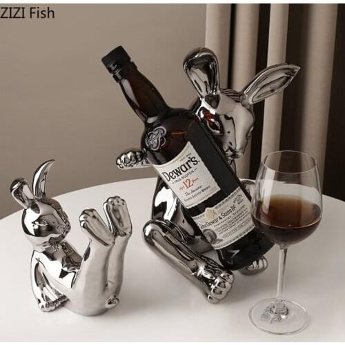 European Electroplating Silver Ceramic Wine Rack Abstract Cartoon Cute Rabbit Animal Wine Glass Rack Crafts Home Decoration Gift
