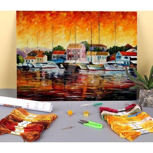 Greece - Fiskardos Pre-Printed 11CT Cross Stitch DIY Embroidery Complete Kit DMC Threads Handicraft Handmade Craft Design