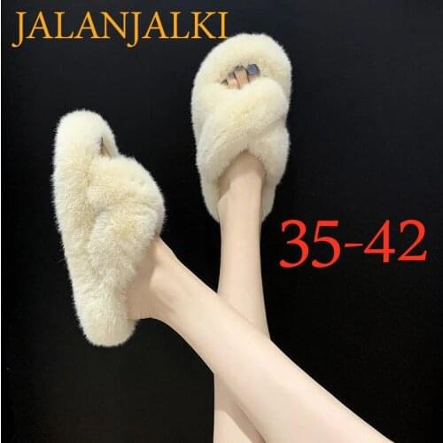 JALANJALKI Women Warm Slippers Faux Fur Winter Home Shoes White Femal Slip On Sandals Non-Slip Flat Sole Slides Big Size 35-42