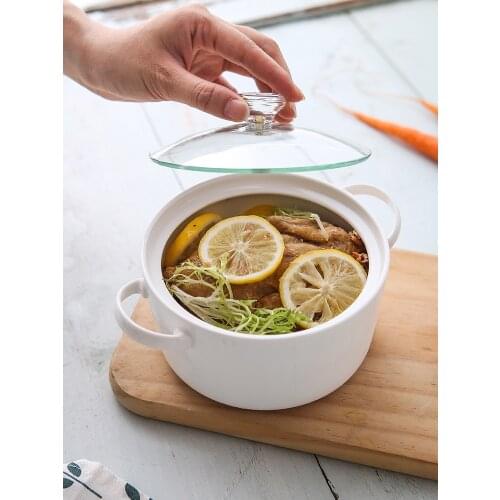 850ml Double Ear Ceramic Bowl With Glass Cover Soup Soup Pot Noodle Steamed Egg Cup Kitchen Supplies Ramen Dessert Tableware